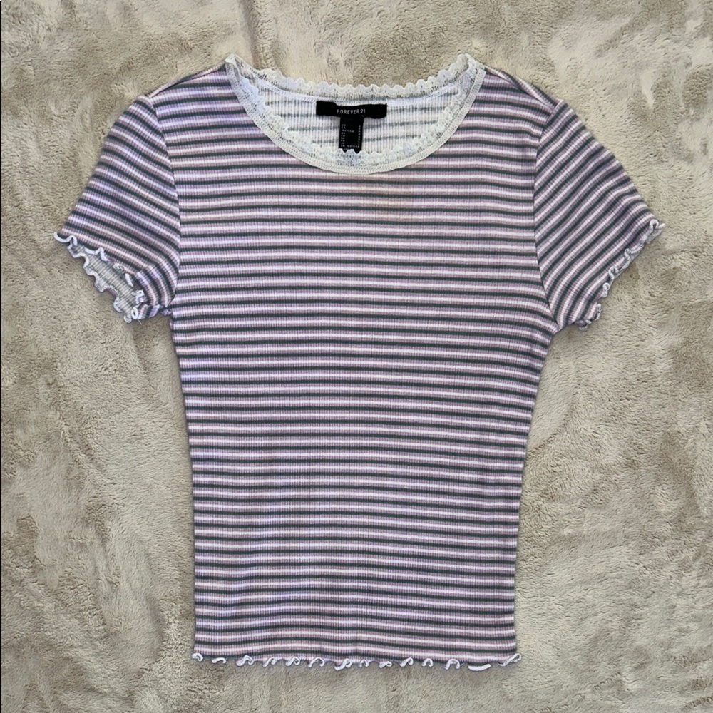 Forever 21 Lavender, Green, and White Striped Short Sleeve Top